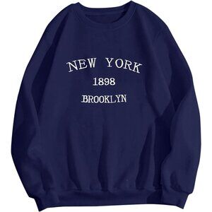 ⚡Women Dark Blue New York Imported Graphic Crewneck Long Sleeve Sweatshirt